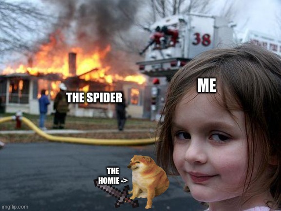 funny no cap tho | ME; THE SPIDER; THE HOMIE -> | image tagged in memes,disaster girl | made w/ Imgflip meme maker