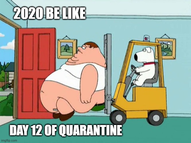 Peter griffin getting escorted out of the house by forklift | 2020 BE LIKE; DAY 12 OF QUARANTINE | image tagged in peter griffin getting escorted out of the house by forklift | made w/ Imgflip meme maker