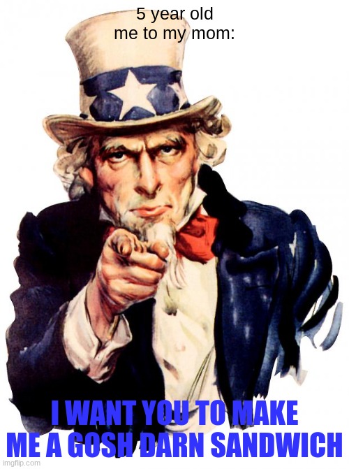 uncle sandwich | 5 year old me to my mom:; I WANT YOU TO MAKE ME A GOSH DARN SANDWICH | image tagged in memes,uncle sam | made w/ Imgflip meme maker