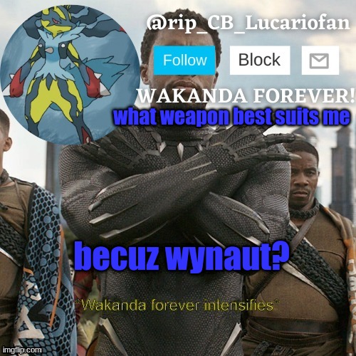 Rip_CB_Lucariofan template | what weapon best suits me; becuz wynaut? | image tagged in rip_cb_lucariofan template | made w/ Imgflip meme maker