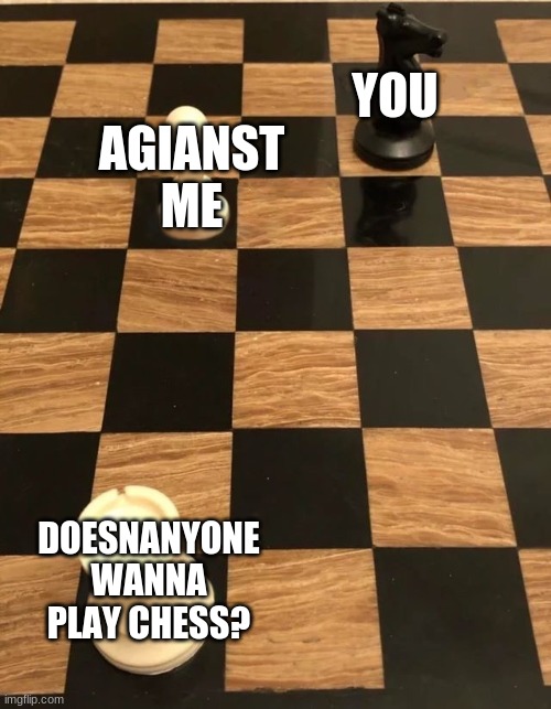 does anyone wanna play | YOU; AGIANST ME; DOESNANYONE WANNA PLAY CHESS? | image tagged in chess knight pawn rook | made w/ Imgflip meme maker