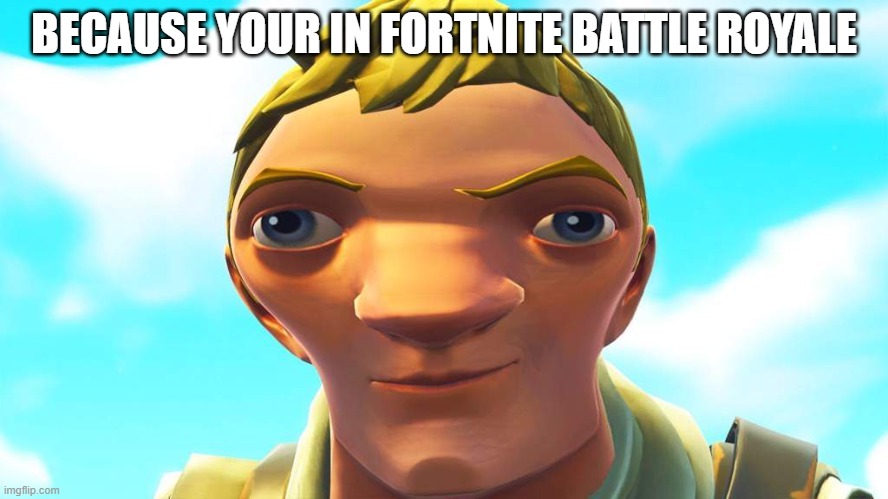 autistic default skin | BECAUSE YOUR IN FORTNITE BATTLE ROYALE | image tagged in autistic default skin | made w/ Imgflip meme maker