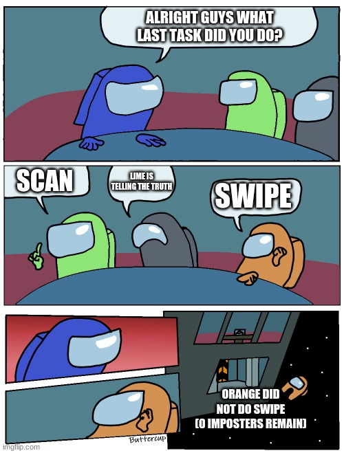 Among Us Meeting | ALRIGHT GUYS WHAT LAST TASK DID YOU DO? LIME IS TELLING THE TRUTH; SCAN; SWIPE; ORANGE DID NOT DO SWIPE
(0 IMPOSTERS REMAIN) | image tagged in among us meeting | made w/ Imgflip meme maker