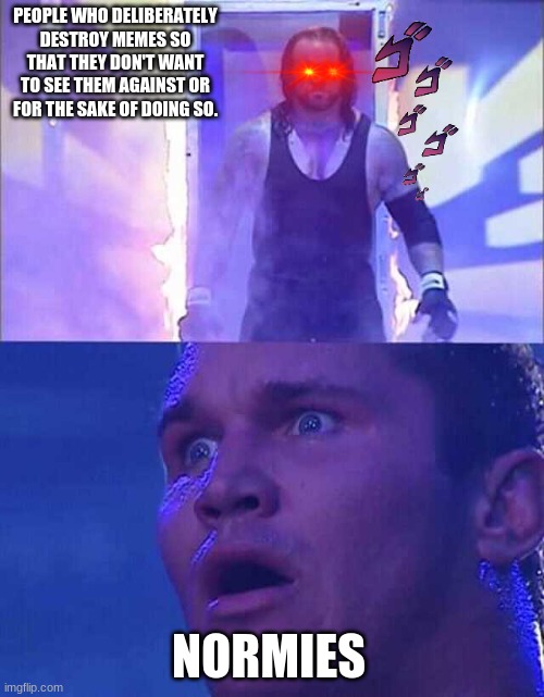 Meme Undertaker | PEOPLE WHO DELIBERATELY DESTROY MEMES SO THAT THEY DON'T WANT TO SEE THEM AGAINST OR FOR THE SAKE OF DOING SO. NORMIES | image tagged in randy orton undertaker | made w/ Imgflip meme maker