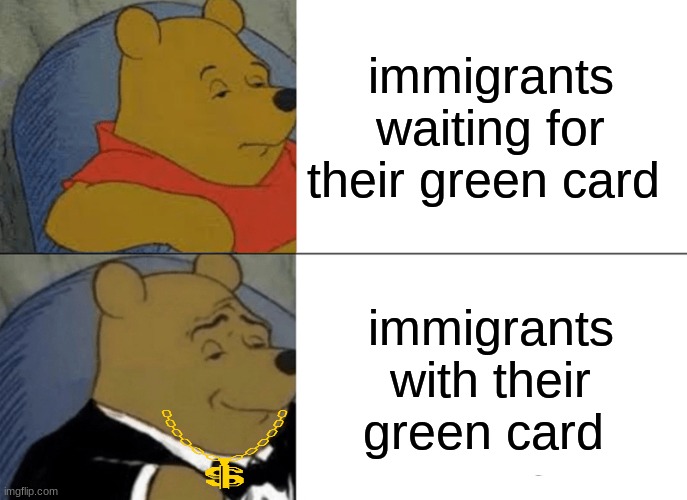 bootiey | immigrants waiting for their green card; immigrants with their green card | image tagged in memes,tuxedo winnie the pooh | made w/ Imgflip meme maker