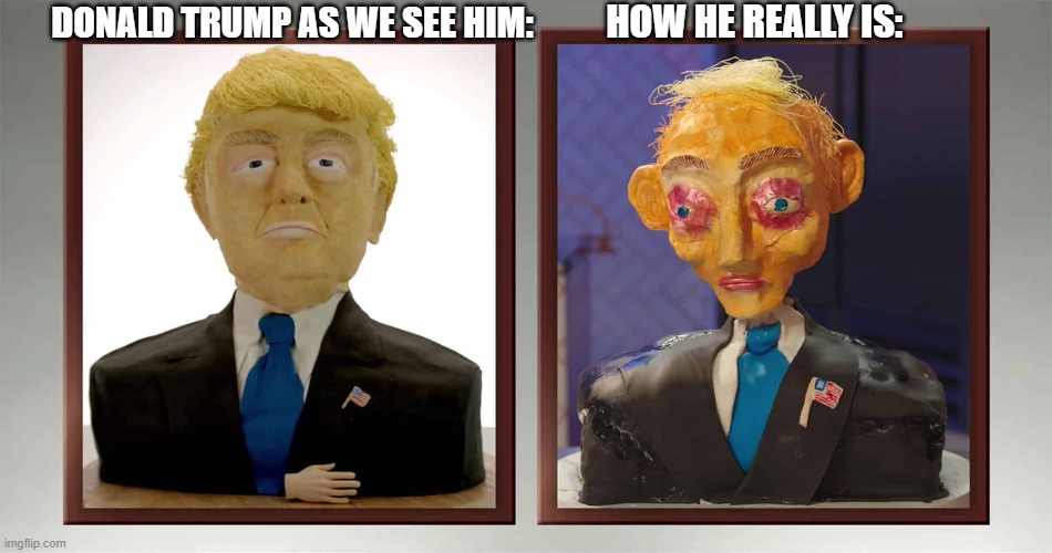 Donald trump cake meme | HOW HE REALLY IS:; DONALD TRUMP AS WE SEE HIM: | image tagged in donald trump,cake,meme | made w/ Imgflip meme maker