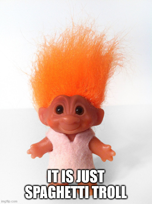 Troll doll | IT IS JUST SPAGHETTI TROLL | image tagged in troll doll | made w/ Imgflip meme maker