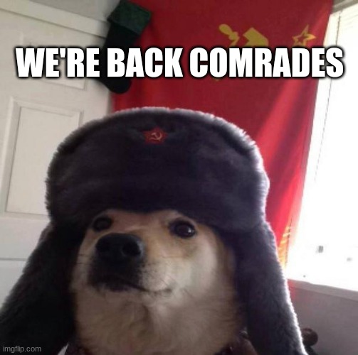 Russian Doge | WE'RE BACK COMRADES | image tagged in russian doge | made w/ Imgflip meme maker