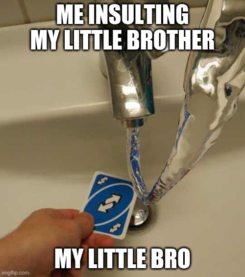 Uno Reverse Card | ME INSULTING MY LITTLE BROTHER; MY LITTLE BRO | image tagged in uno reverse card | made w/ Imgflip meme maker