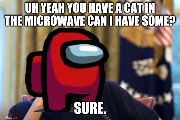 No I Can't Obama | UH YEAH YOU HAVE A CAT IN THE MICROWAVE CAN I HAVE SOME? SURE. | image tagged in memes,no i can't obama | made w/ Imgflip meme maker
