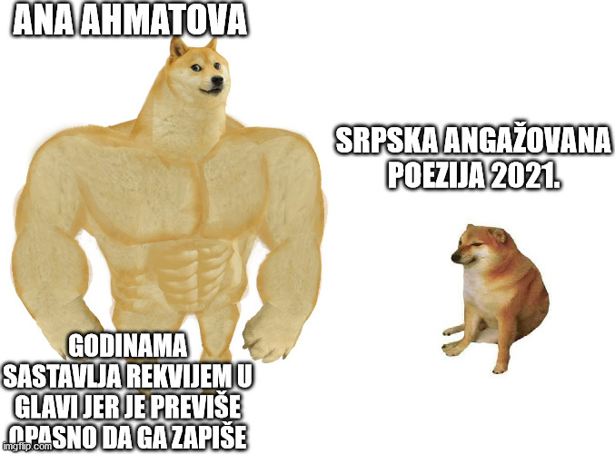 Big dog small dog | ANA AHMATOVA; SRPSKA ANGAŽOVANA POEZIJA 2021. GODINAMA SASTAVLJA REKVIJEM U GLAVI JER JE PREVIŠE OPASNO DA GA ZAPIŠE | image tagged in big dog small dog | made w/ Imgflip meme maker