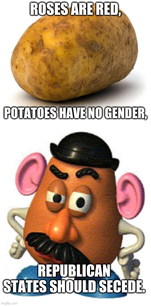 Yeah, I don't get it, either... | ROSES ARE RED, POTATOES HAVE NO GENDER, REPUBLICAN STATES SHOULD SECEDE. | image tagged in i am a potato,mr potato head | made w/ Imgflip meme maker