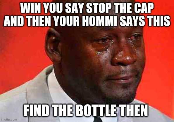 crying michael jordan | WIN YOU SAY STOP THE CAP AND THEN YOUR HOMMI SAYS THIS; FIND THE BOTTLE THEN | image tagged in crying michael jordan | made w/ Imgflip meme maker