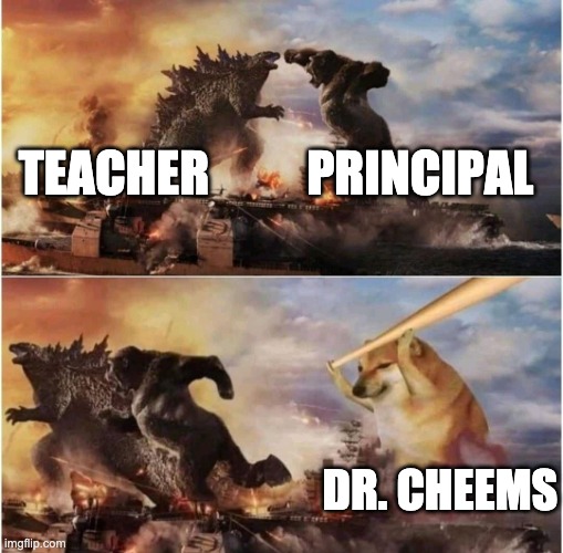 Kong Godzilla Doge | TEACHER          PRINCIPAL; DR. CHEEMS | image tagged in kong godzilla doge | made w/ Imgflip meme maker