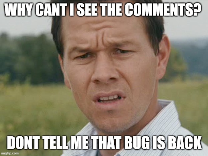 Huh  | WHY CANT I SEE THE COMMENTS? DONT TELL ME THAT BUG IS BACK | image tagged in huh | made w/ Imgflip meme maker