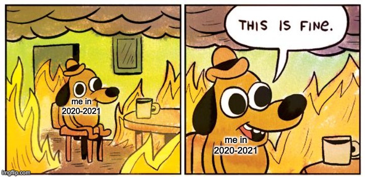 This Is Fine | me in 2020-2021; me in 2020-2021 | image tagged in memes,this is fine | made w/ Imgflip meme maker