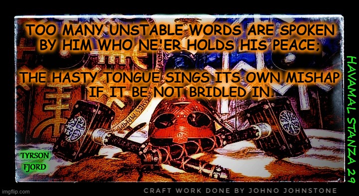 Havamal | TOO MANY UNSTABLE WORDS ARE SPOKEN 
BY HIM WHO NE'ER HOLDS HIS PEACE;; THE HASTY TONGUE SINGS ITS OWN MISHAP 
IF IT BE NOT BRIDLED IN. HAVAMAL STANZA 29; TYRSON
FJORD | image tagged in odin,pagan,heathen,wise man,faith | made w/ Imgflip meme maker
