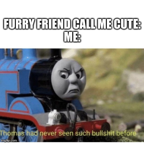 Get it? | FURRY FRIEND CALL ME CUTE:
ME: | image tagged in thomas has never seen such bullshit before | made w/ Imgflip meme maker