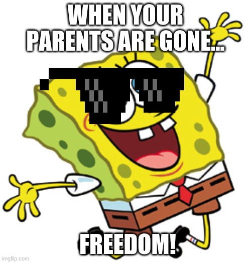 Happy Sponge | WHEN YOUR PARENTS ARE GONE... FREEDOM! | image tagged in spongbob | made w/ Imgflip meme maker