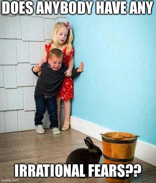 If so, what? |  DOES ANYBODY HAVE ANY; IRRATIONAL FEARS?? | image tagged in children scared of rabbit,fear,phobia,memes,deep thoughts,interesting | made w/ Imgflip meme maker