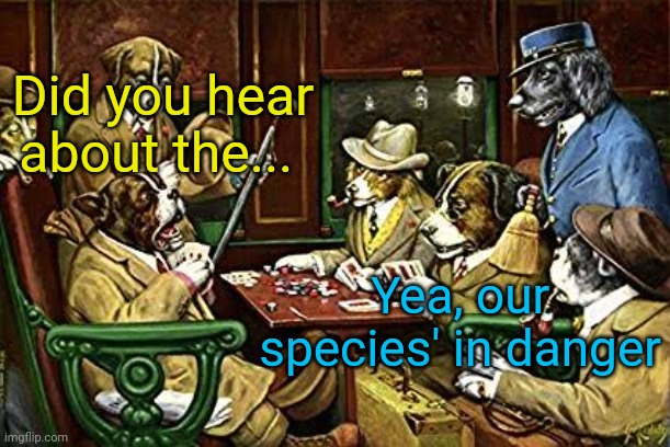 Dogs playing poker | Yea, our species' in danger Did you hear about the... | image tagged in dogs playing poker | made w/ Imgflip meme maker