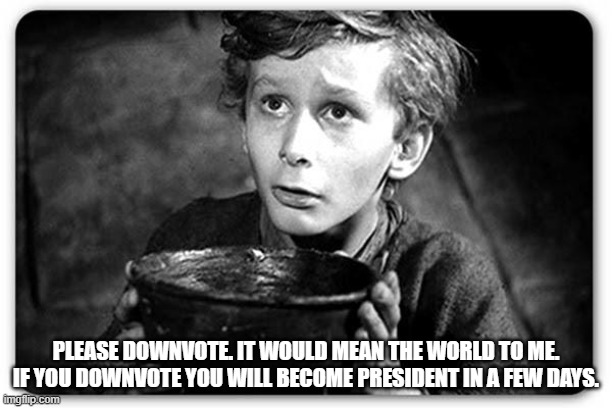 Give downvotes pleaseeeeee | PLEASE DOWNVOTE. IT WOULD MEAN THE WORLD TO ME. IF YOU DOWNVOTE YOU WILL BECOME PRESIDENT IN A FEW DAYS. | image tagged in beggar,downvotes,please,downvote | made w/ Imgflip meme maker