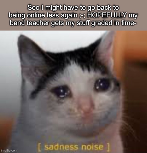 Sadness noises | Soo I might have to go back to being online less again ;-; HOPEFULLY my band teacher gets my stuff graded in time- | image tagged in sadness noises | made w/ Imgflip meme maker