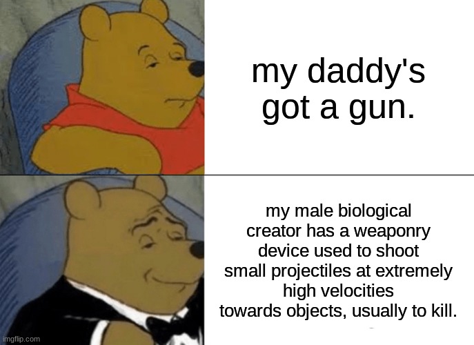 so scientific my guy | my daddy's got a gun. my male biological creator has a weaponry device used to shoot small projectiles at extremely high velocities towards objects, usually to kill. | image tagged in memes,tuxedo winnie the pooh | made w/ Imgflip meme maker