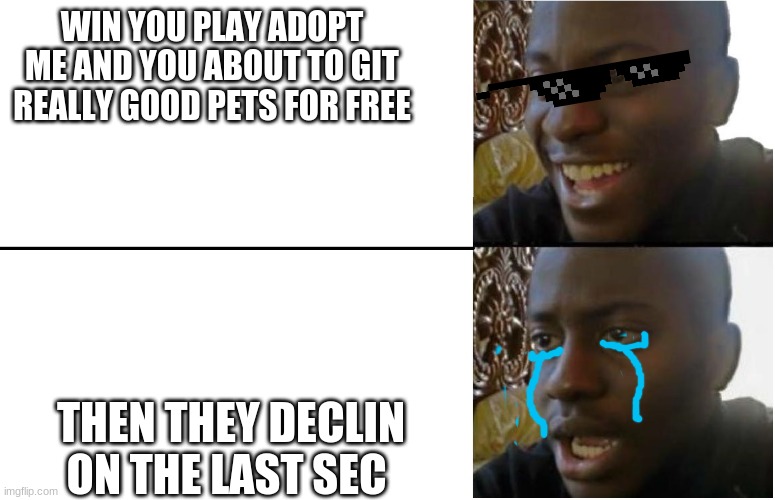 Happy then sad black guy meme | WIN YOU PLAY ADOPT ME AND YOU ABOUT TO GIT REALLY GOOD PETS FOR FREE; THEN THEY DECLIN ON THE LAST SEC | image tagged in happy then sad black guy meme | made w/ Imgflip meme maker