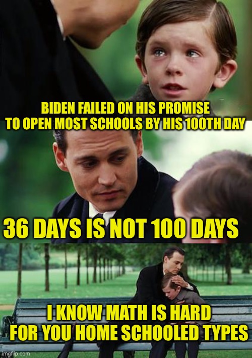 The nerve of Biden not to even gone golfing yet! Who does he think he is? The president? | BIDEN FAILED ON HIS PROMISE TO OPEN MOST SCHOOLS BY HIS 100TH DAY; 36 DAYS IS NOT 100 DAYS; I KNOW MATH IS HARD FOR YOU HOME SCHOOLED TYPES | image tagged in memes,finding neverland | made w/ Imgflip meme maker
