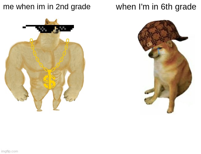 Buff Doge vs. Cheems Meme | me when im in 2nd grade; when I'm in 6th grade | image tagged in memes,buff doge vs cheems | made w/ Imgflip meme maker
