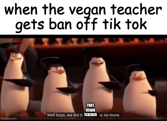 finally | when the vegan teacher gets ban off tik tok; THAT VEGAN TEACHER | image tagged in well boys we did it blank is no more | made w/ Imgflip meme maker