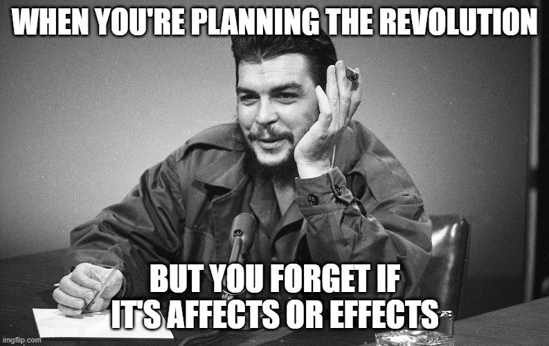 El Che | WHEN YOU'RE PLANNING THE REVOLUTION; BUT YOU FORGET IF IT'S AFFECTS OR EFFECTS | image tagged in che guevara,grammar,bad grammar and spelling memes | made w/ Imgflip meme maker