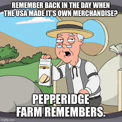 Pepperidge Farm Remembers Meme | REMEMBER BACK IN THE DAY WHEN THE USA MADE IT’S OWN MERCHANDISE? PEPPERIDGE FARM REMEMBERS. | image tagged in memes,pepperidge farm remembers | made w/ Imgflip meme maker