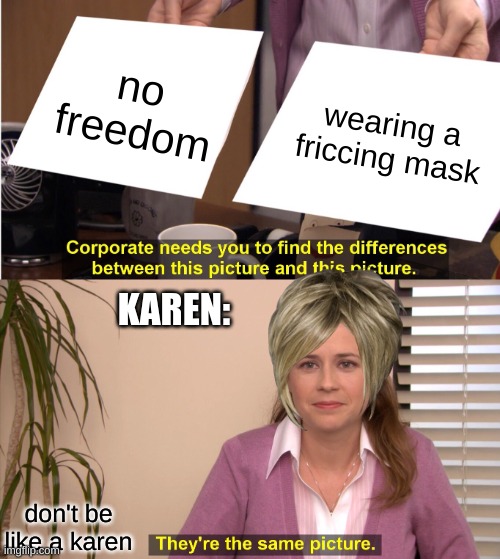 They're The Same Picture | no freedom; wearing a friccing mask; KAREN:; don't be like a karen | image tagged in memes,they're the same picture | made w/ Imgflip meme maker