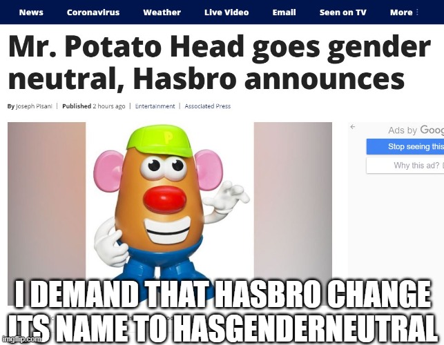M(ister) Potato Head | I DEMAND THAT HASBRO CHANGE ITS NAME TO HASGENDERNEUTRAL | image tagged in political correctness,funny memes,mister potato head | made w/ Imgflip meme maker