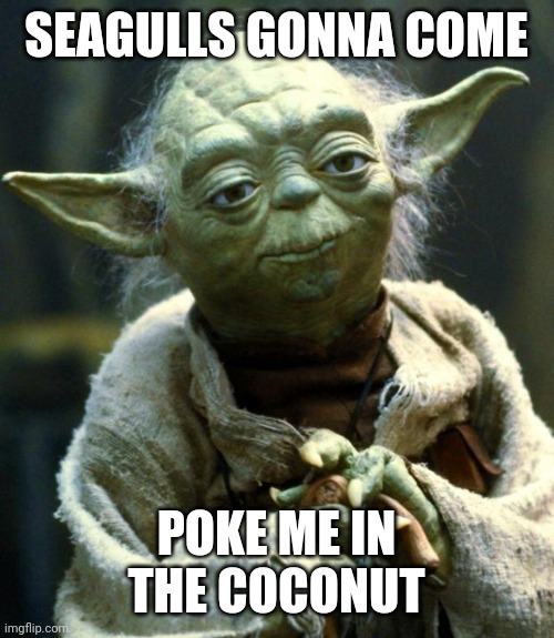 Seagulls | SEAGULLS GONNA COME; POKE ME IN THE COCONUT | image tagged in memes,star wars yoda,stop it,bad lip reading,yoda,seagulls | made w/ Imgflip meme maker