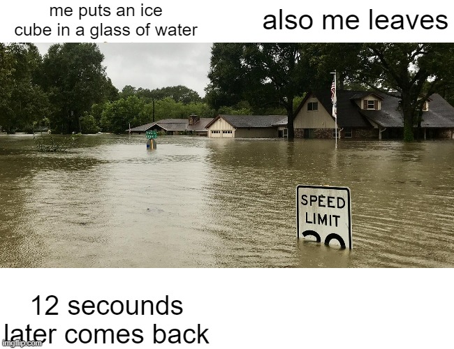 memesss | me puts an ice cube in a glass of water; also me leaves; 12 secounds later comes back | image tagged in life | made w/ Imgflip meme maker
