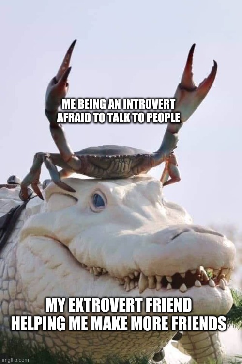 Crab on Crocodile | ME BEING AN INTROVERT AFRAID TO TALK TO PEOPLE; MY EXTROVERT FRIEND HELPING ME MAKE MORE FRIENDS | image tagged in crab on crocodile | made w/ Imgflip meme maker