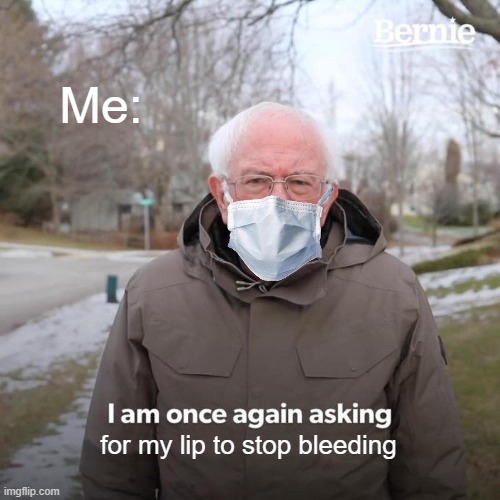 relatable me | Me:; for my lip to stop bleeding | image tagged in memes,bernie i am once again asking for your support | made w/ Imgflip meme maker