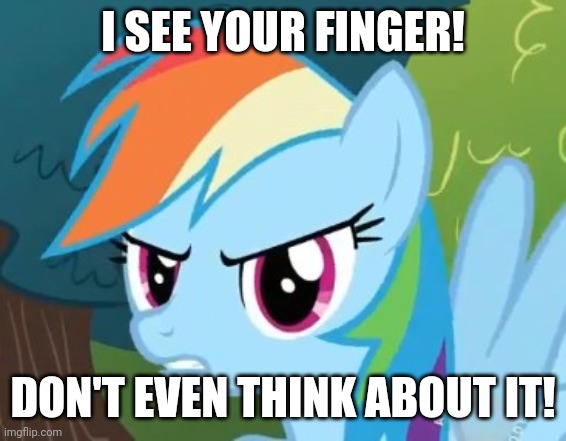 Rainbow Dash doesn't want to get booped | I SEE YOUR FINGER! DON'T EVEN THINK ABOUT IT! | image tagged in rainbow dash,my little pony,memes | made w/ Imgflip meme maker