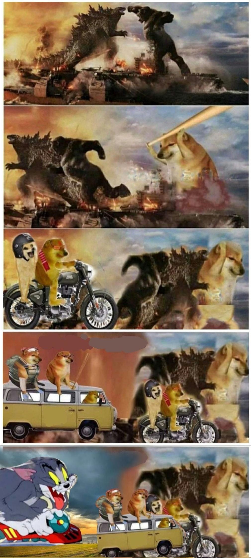 Godzilla Vs King Kong vs Doge vs buff Doge vs Tom Blank Meme Template