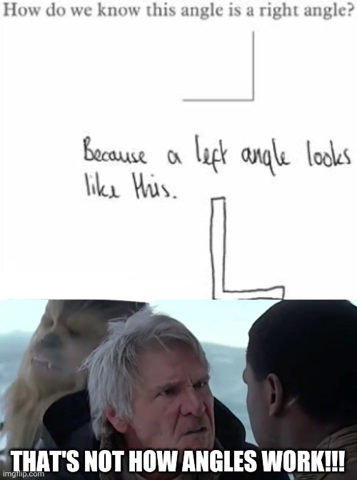 Lol | THAT'S NOT HOW ANGLES WORK!!! | image tagged in that's not how the force works,funny,memes,school,math lady/confused lady,witty | made w/ Imgflip meme maker