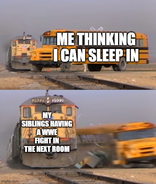 ME IRL | ME THINKING I CAN SLEEP IN; MY SIBLINGS HAVING A WWE FIGHT IN THE NEXT ROOM | image tagged in a train hitting a school bus | made w/ Imgflip meme maker