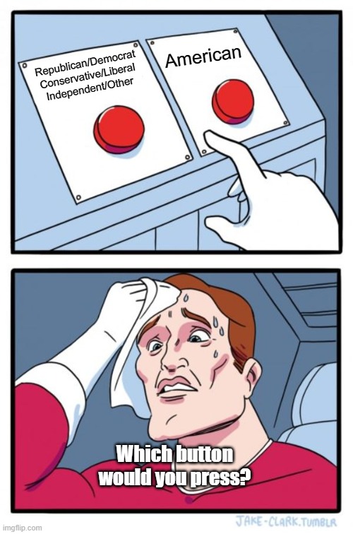 Which Identifier Reflects Your Priorities? | American; Republican/Democrat
Conservative/Liberal
Independent/Other; Which button would you press? | image tagged in memes,two buttons,priorities,politics | made w/ Imgflip meme maker