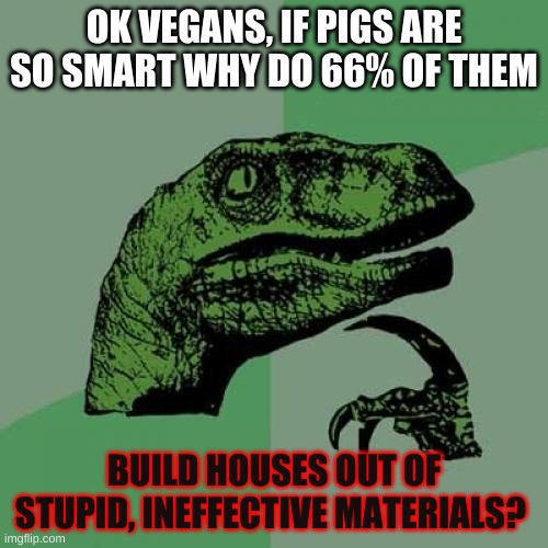 Ask yourself the real questions | OK VEGANS, IF PIGS ARE SO SMART WHY DO 66% OF THEM; BUILD HOUSES OUT OF STUPID, INEFFECTIVE MATERIALS? | image tagged in memes,philosoraptor | made w/ Imgflip meme maker