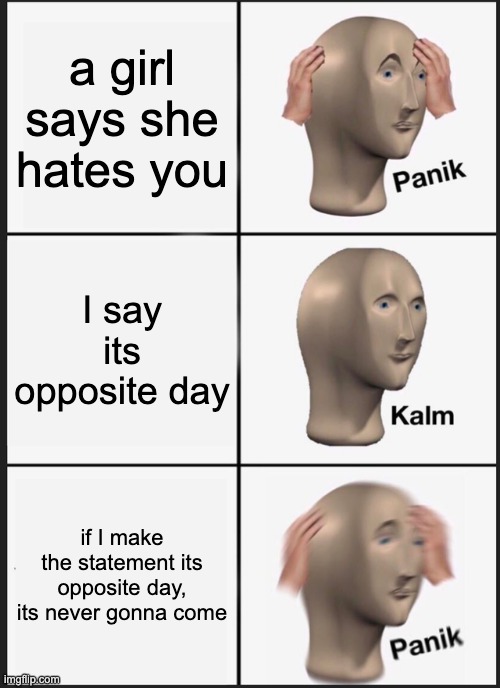 Panik Kalm Panik Meme | a girl says she hates you; I say its opposite day; if I make the statement its opposite day, its never gonna come | image tagged in memes,panik kalm panik | made w/ Imgflip meme maker