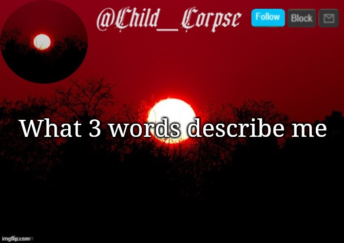 Child_Corpse announcement template | What 3 words describe me | image tagged in child_corpse announcement template | made w/ Imgflip meme maker