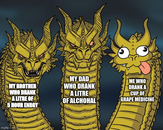 Three headed dragon | MY DAD WHO DRANK A LITRE OF ALCHOHAL; ME WHO DRANK A CUP OF GRAPE MEDICINE; MY BROTHER WHO DRANK A LITRE OF 5 HOUR ENRGY | image tagged in three-headed dragon | made w/ Imgflip meme maker
