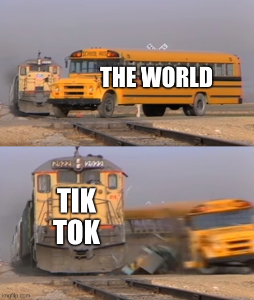 A train hitting a school bus | THE WORLD; TIK TOK | image tagged in a train hitting a school bus | made w/ Imgflip meme maker